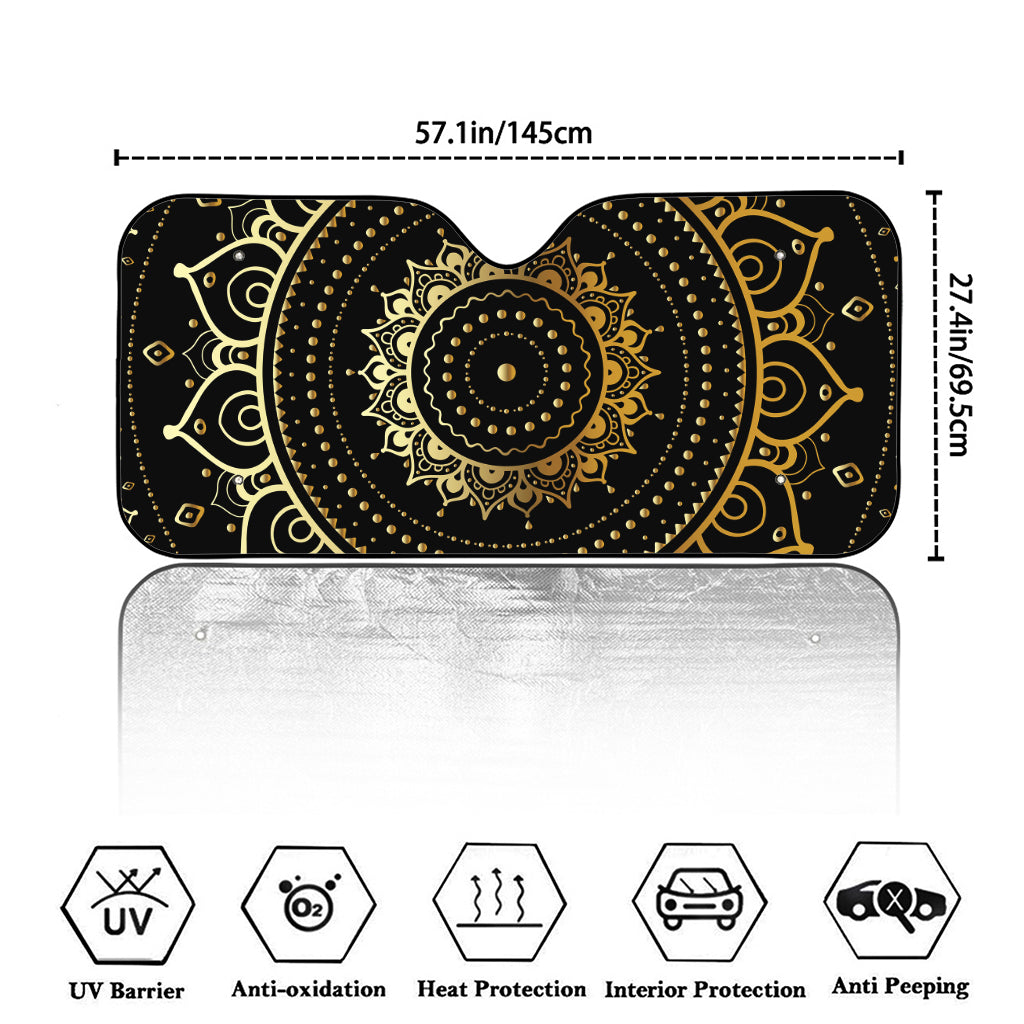 Black And Gold Mandala Print Car Windshield Sun Shade