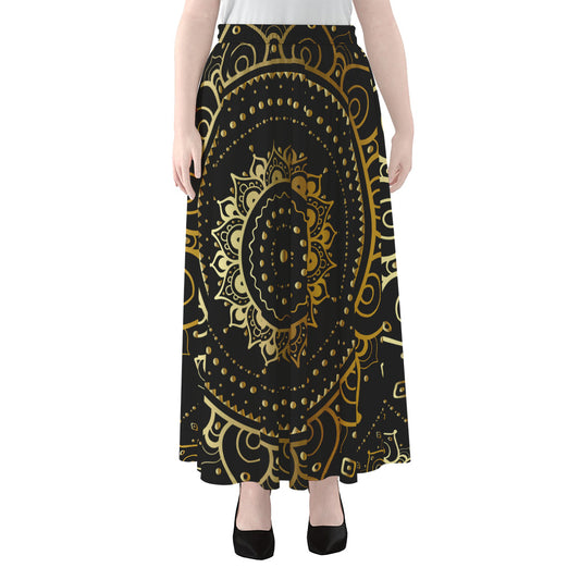 Black And Gold Mandala Print Chiffon Maxi Skirt