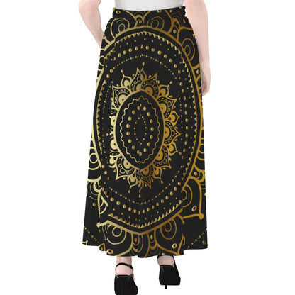 Black And Gold Mandala Print Chiffon Maxi Skirt