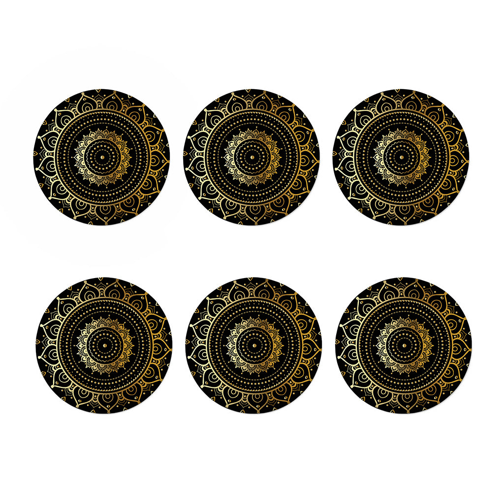 Black And Gold Mandala Print Coaster Set