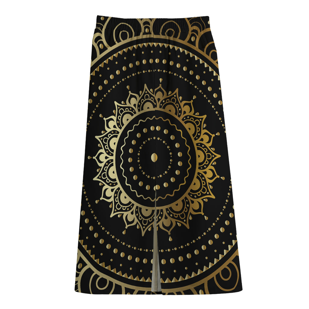 Black And Gold Mandala Print Cotton Front Slit Maxi Skirt