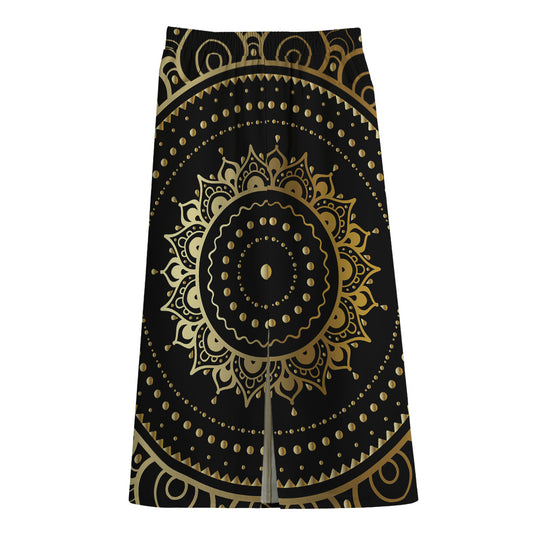 Black And Gold Mandala Print Cotton Front Slit Maxi Skirt