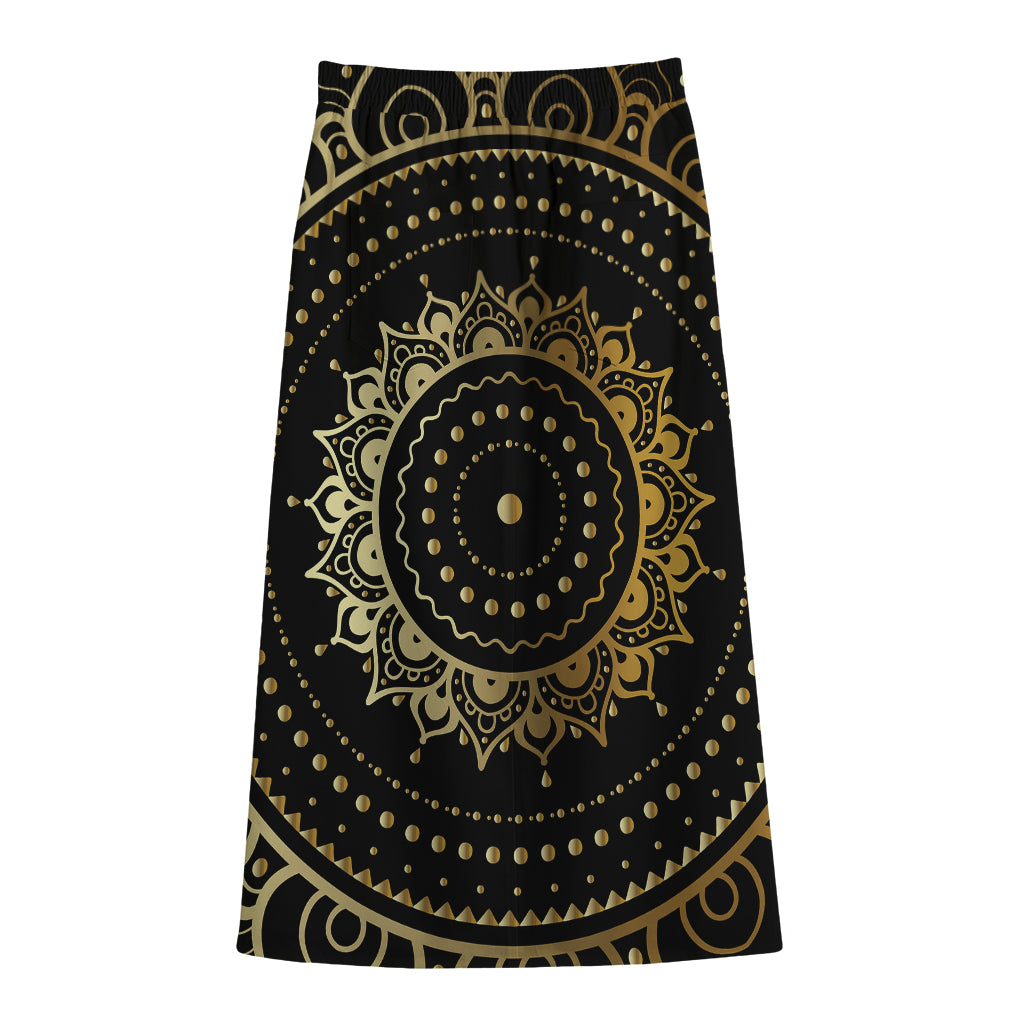 Black And Gold Mandala Print Cotton Front Slit Maxi Skirt