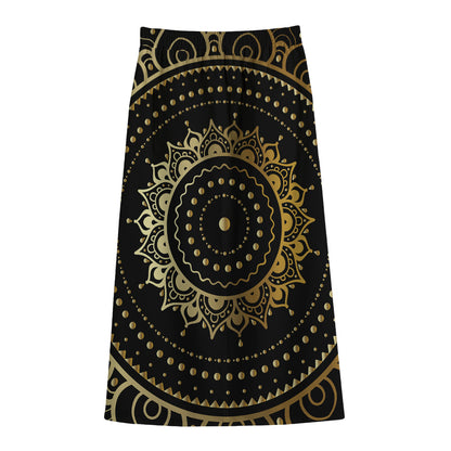 Black And Gold Mandala Print Cotton Front Slit Maxi Skirt