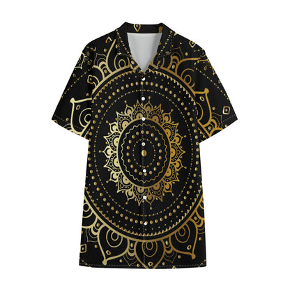 Black And Gold Mandala Print Cotton Hawaiian Shirt