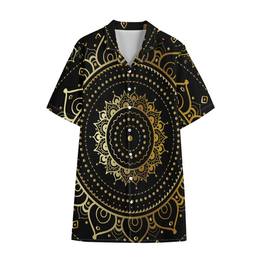Black And Gold Mandala Print Cotton Hawaiian Shirt