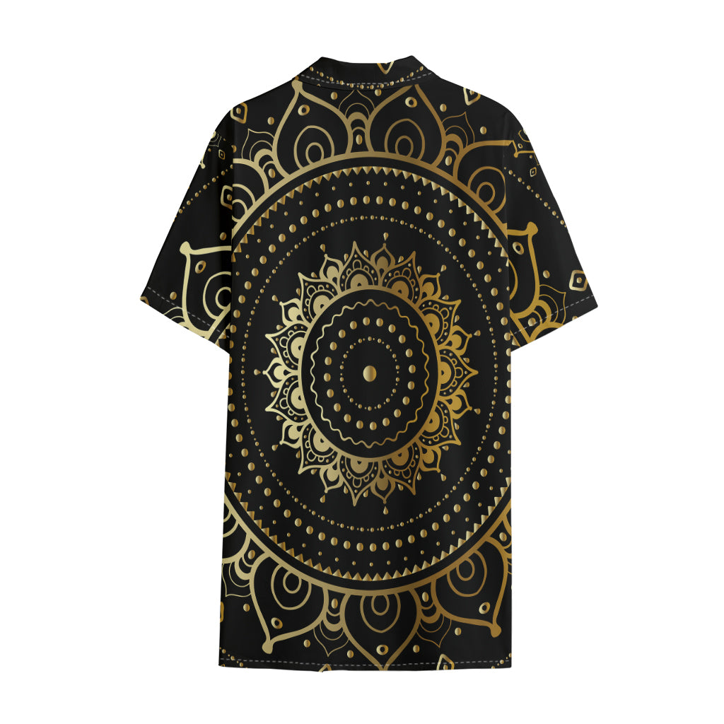 Black And Gold Mandala Print Cotton Hawaiian Shirt