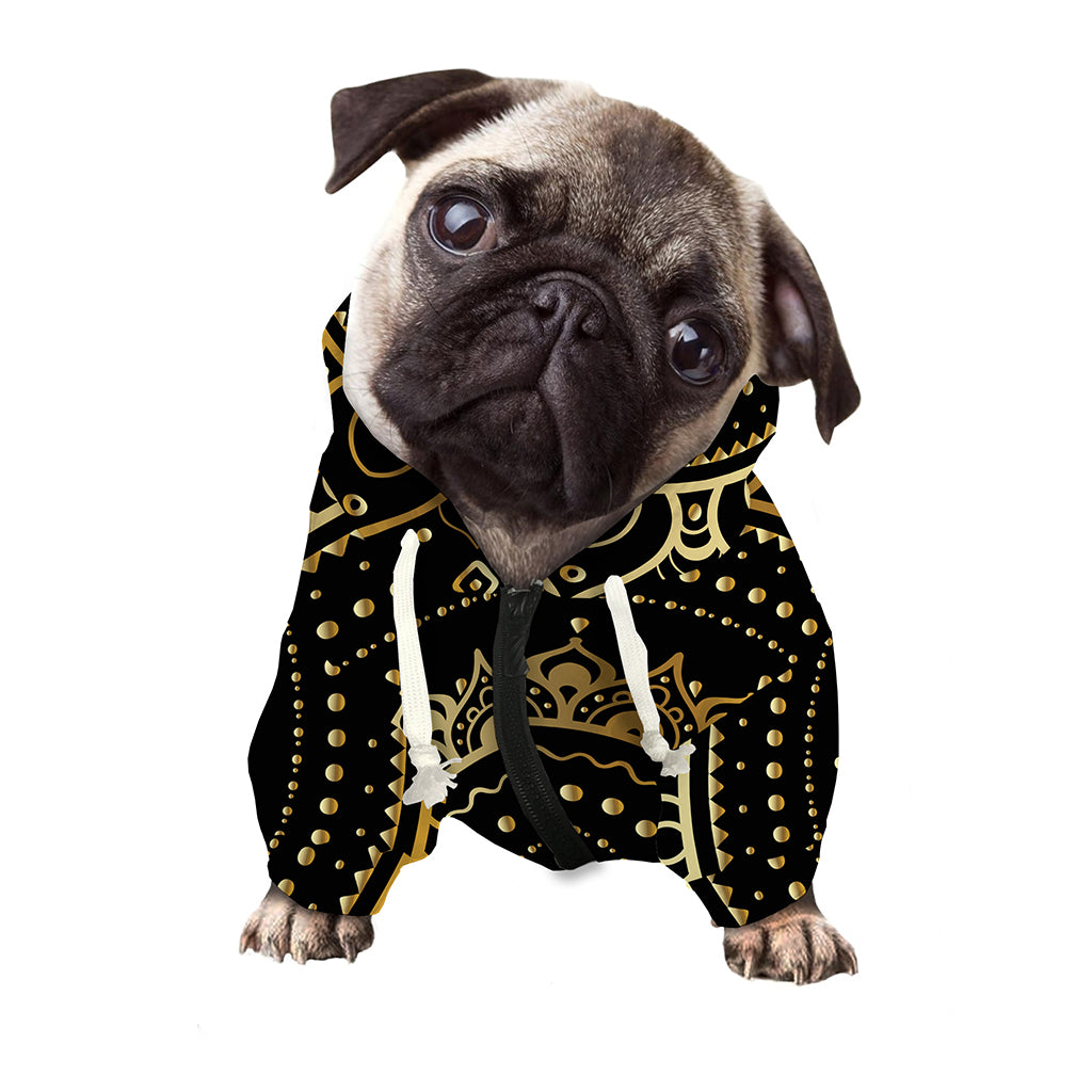 Black And Gold Mandala Print Dog Zip Up Hoodie