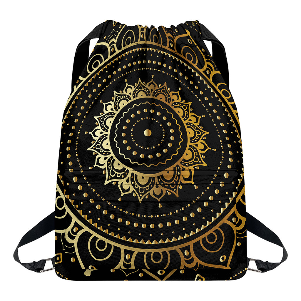 Black And Gold Mandala Print Drawstring Backpack