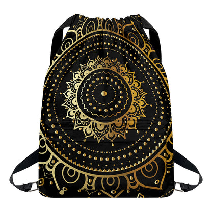 Black And Gold Mandala Print Drawstring Backpack