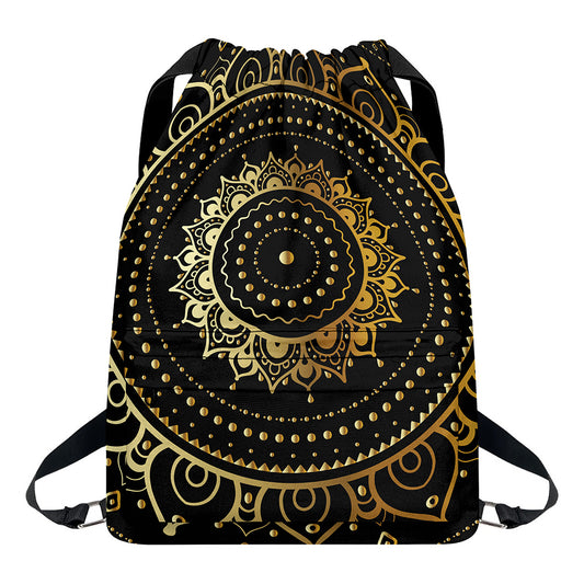 Black And Gold Mandala Print Drawstring Backpack