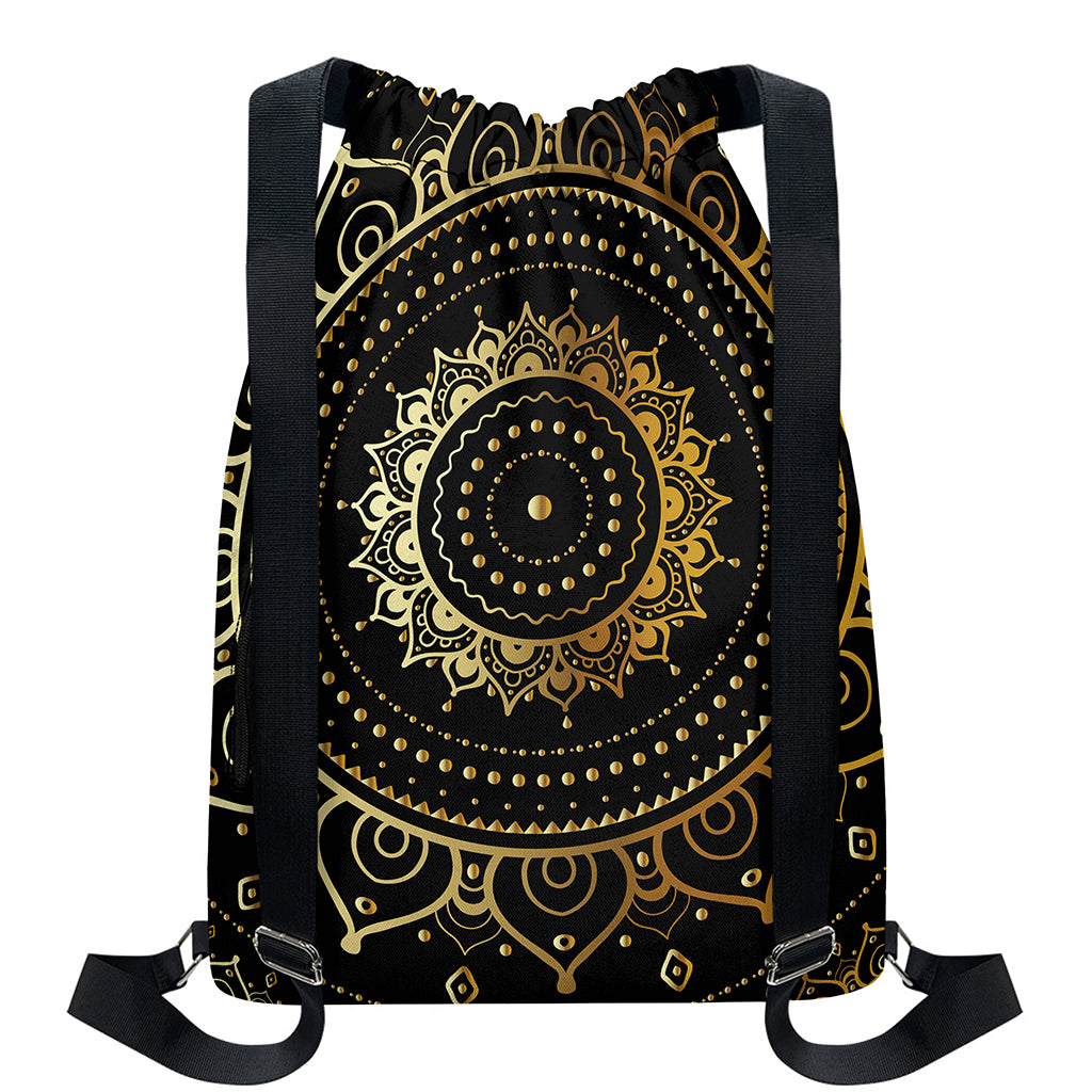 Black And Gold Mandala Print Drawstring Backpack