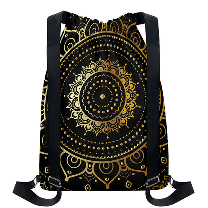 Black And Gold Mandala Print Drawstring Backpack