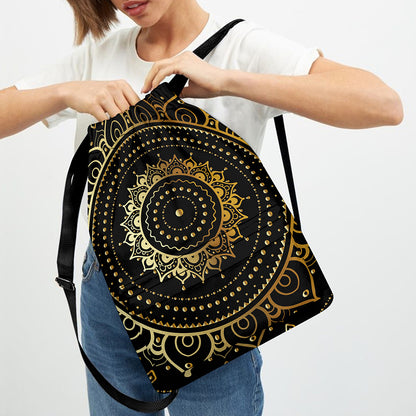 Black And Gold Mandala Print Drawstring Backpack