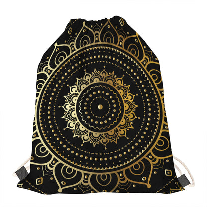 Black And Gold Mandala Print Drawstring Bag