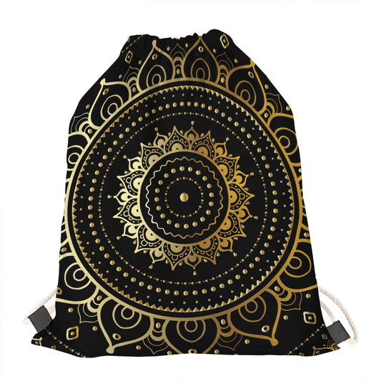 Black And Gold Mandala Print Drawstring Bag