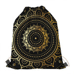 Black And Gold Mandala Print Drawstring Bag