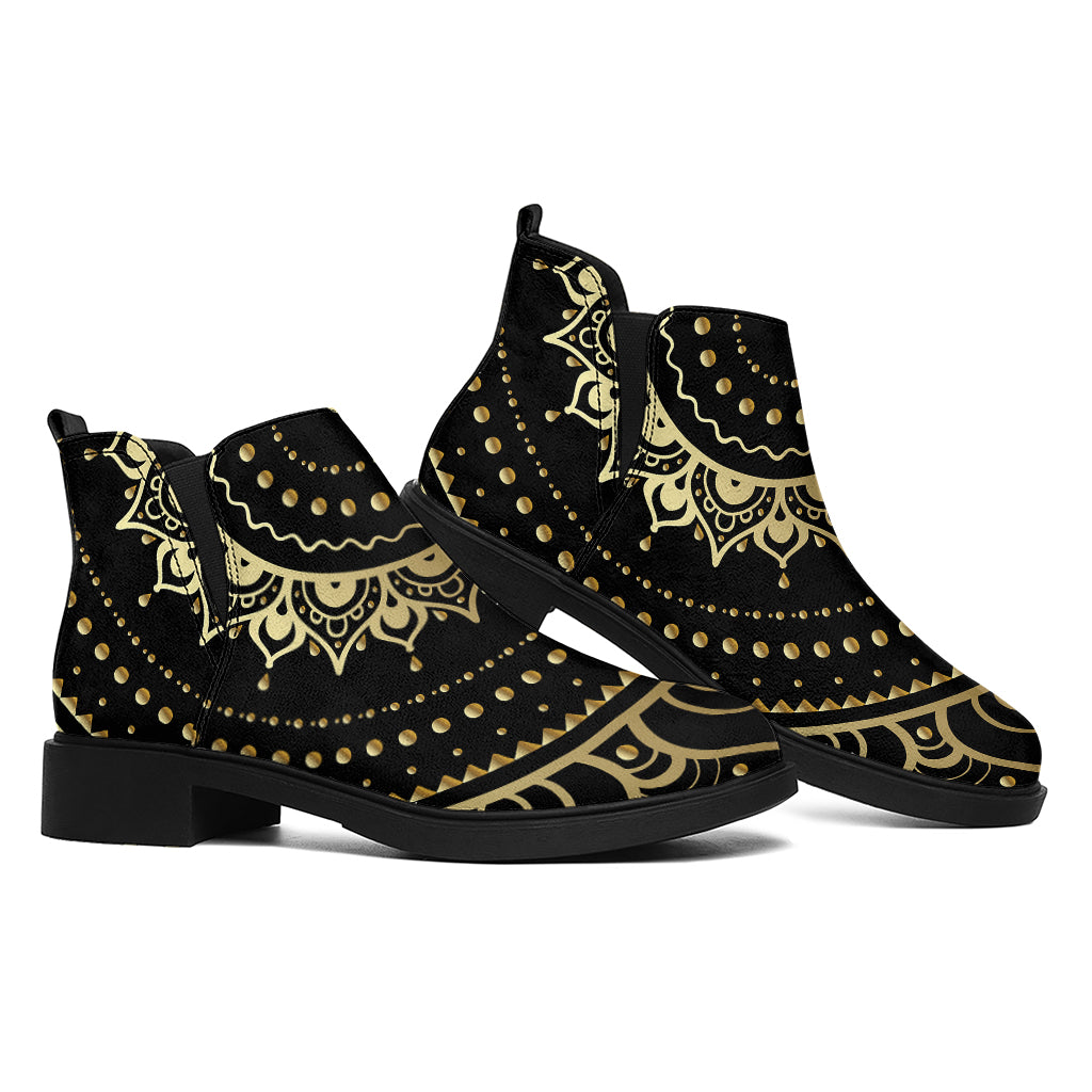 Black And Gold Mandala Print Flat Ankle Boots