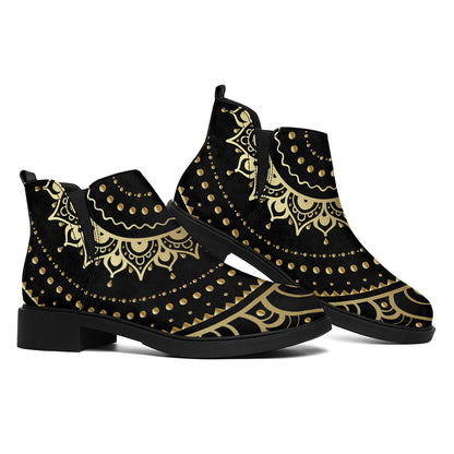 Black And Gold Mandala Print Flat Ankle Boots