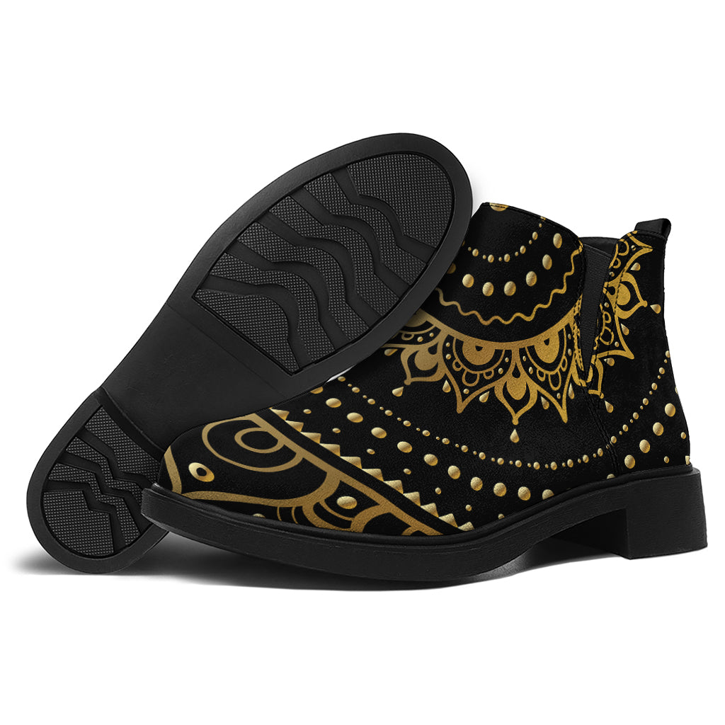 Black And Gold Mandala Print Flat Ankle Boots
