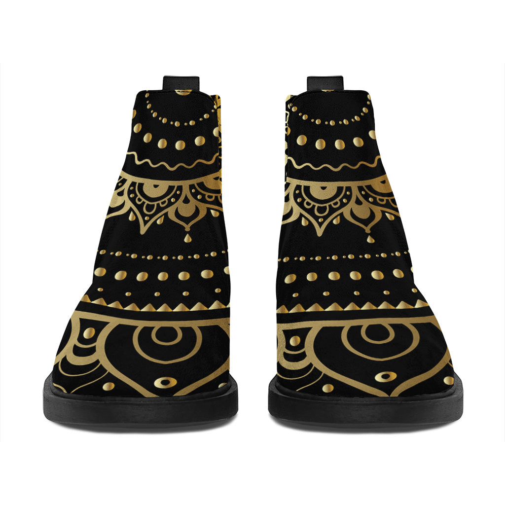 Black And Gold Mandala Print Flat Ankle Boots