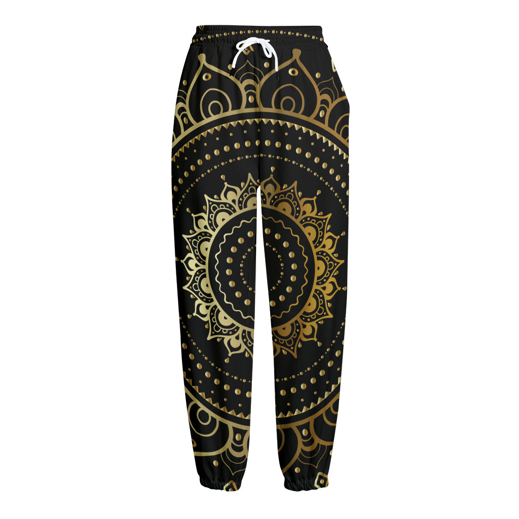 Black And Gold Mandala Print Fleece Lined Knit Pants