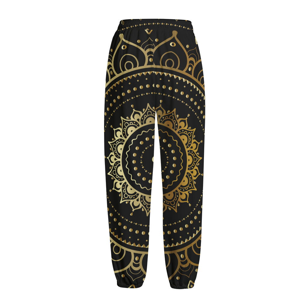 Black And Gold Mandala Print Fleece Lined Knit Pants