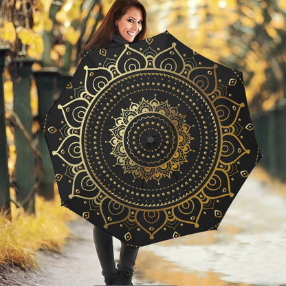 Black And Gold Mandala Print Foldable Umbrella