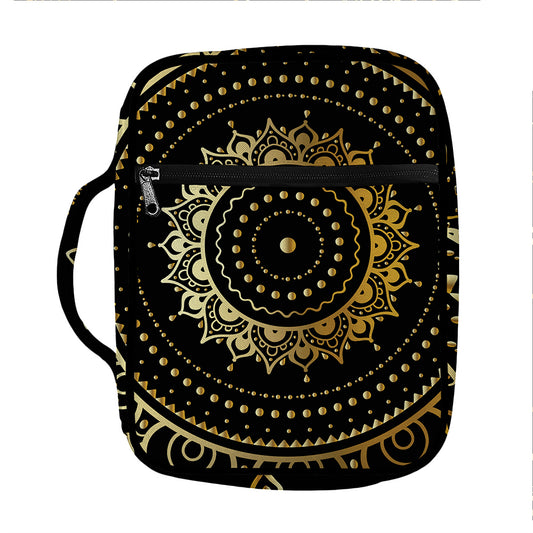 Black And Gold Mandala Print Front Pocket Bible Bag