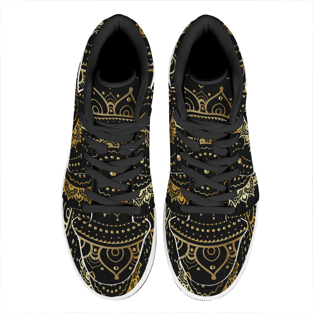 Black And Gold Mandala Print High Top Leather Sneakers