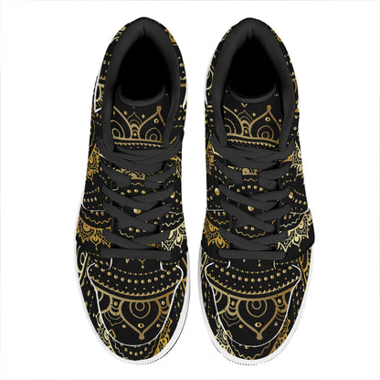 Black And Gold Mandala Print High Top Leather Sneakers