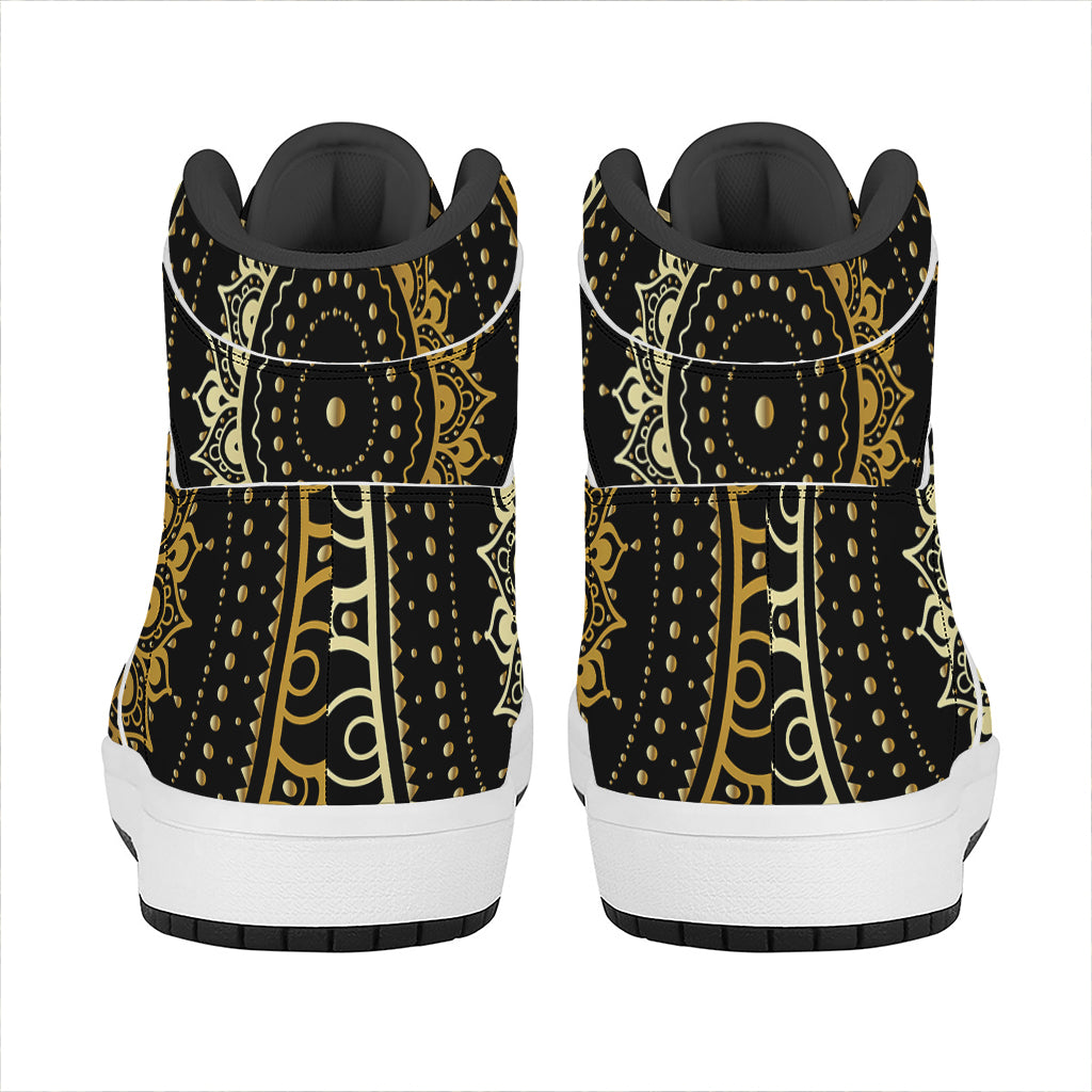 Black And Gold Mandala Print High Top Leather Sneakers
