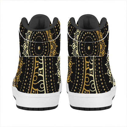 Black And Gold Mandala Print High Top Leather Sneakers