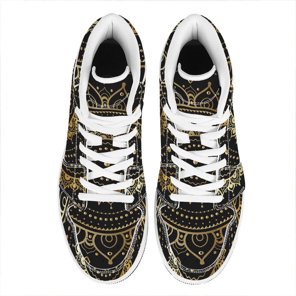 Black And Gold Mandala Print High Top Leather Sneakers