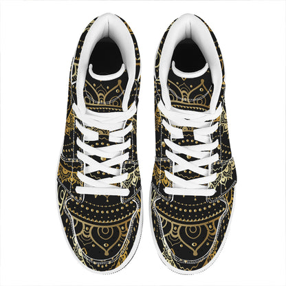 Black And Gold Mandala Print High Top Leather Sneakers
