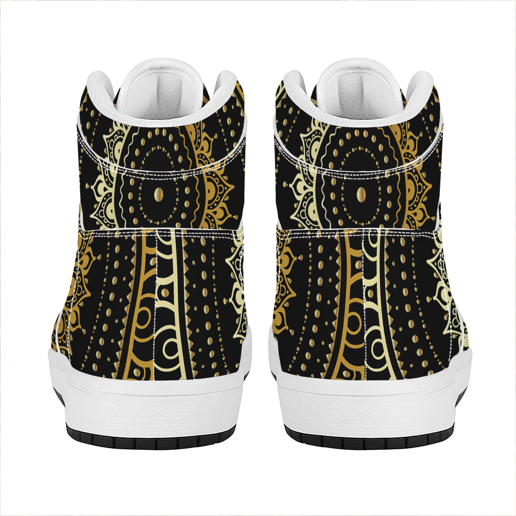 Black And Gold Mandala Print High Top Leather Sneakers