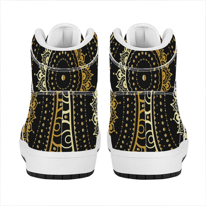 Black And Gold Mandala Print High Top Leather Sneakers