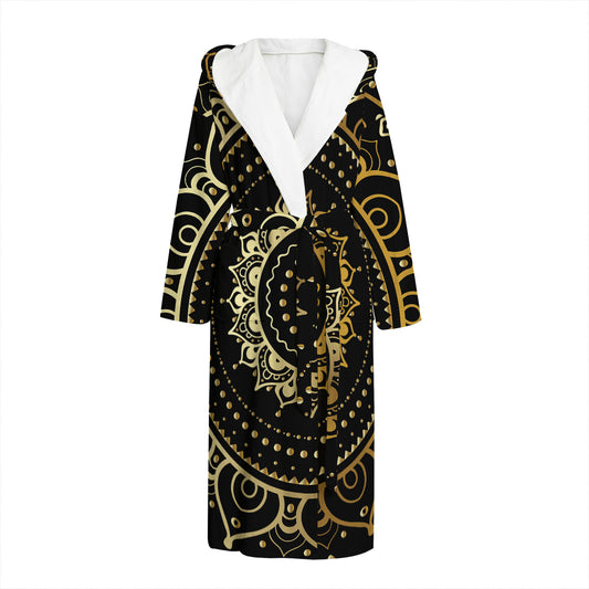 Black And Gold Mandala Print Hooded Bathrobe