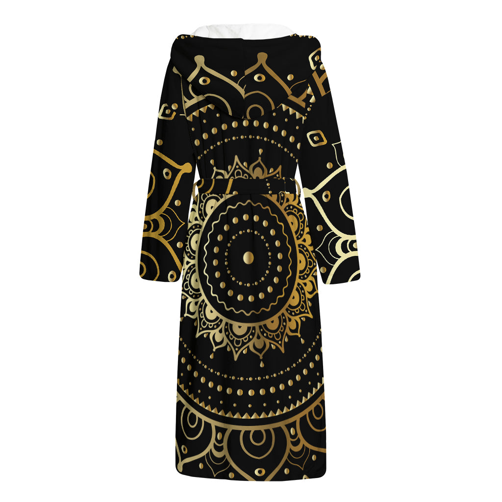Black And Gold Mandala Print Hooded Bathrobe