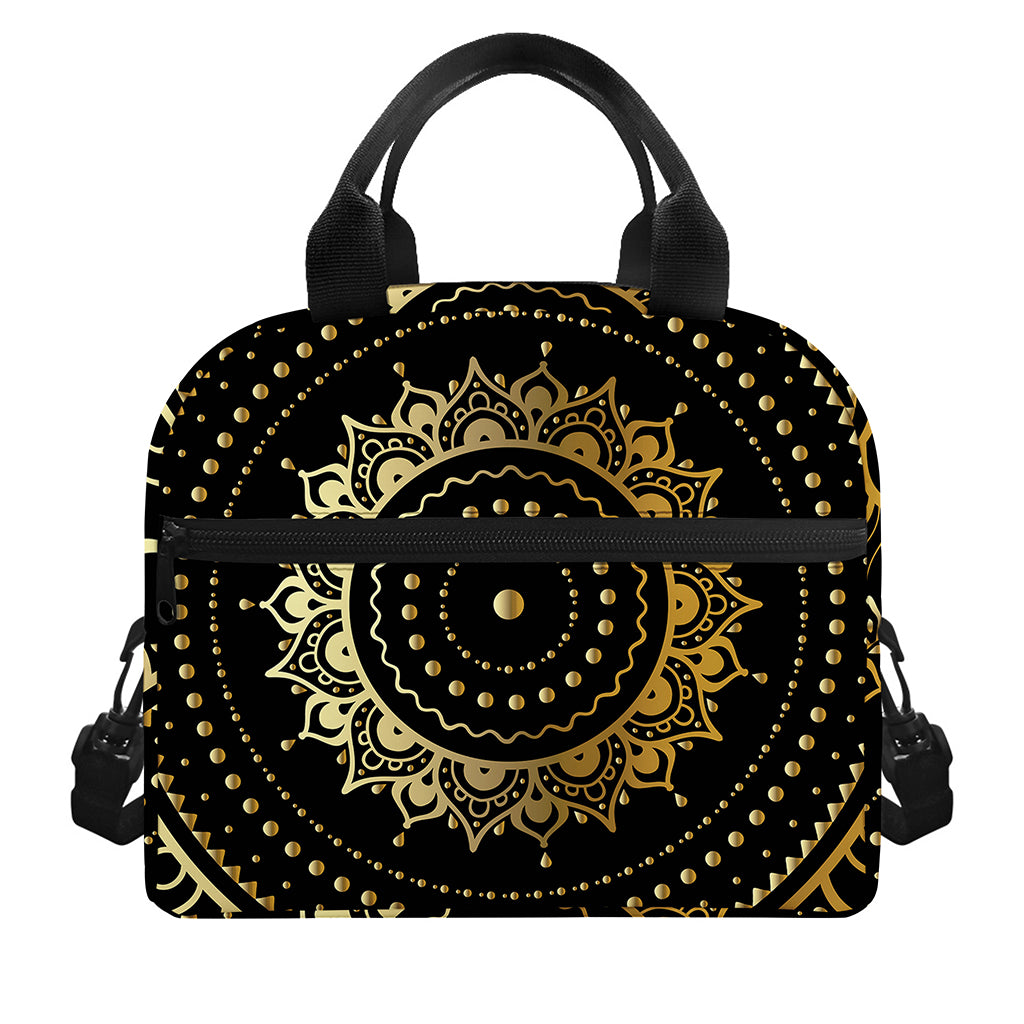 Black And Gold Mandala Print Insulated Lunch Bag