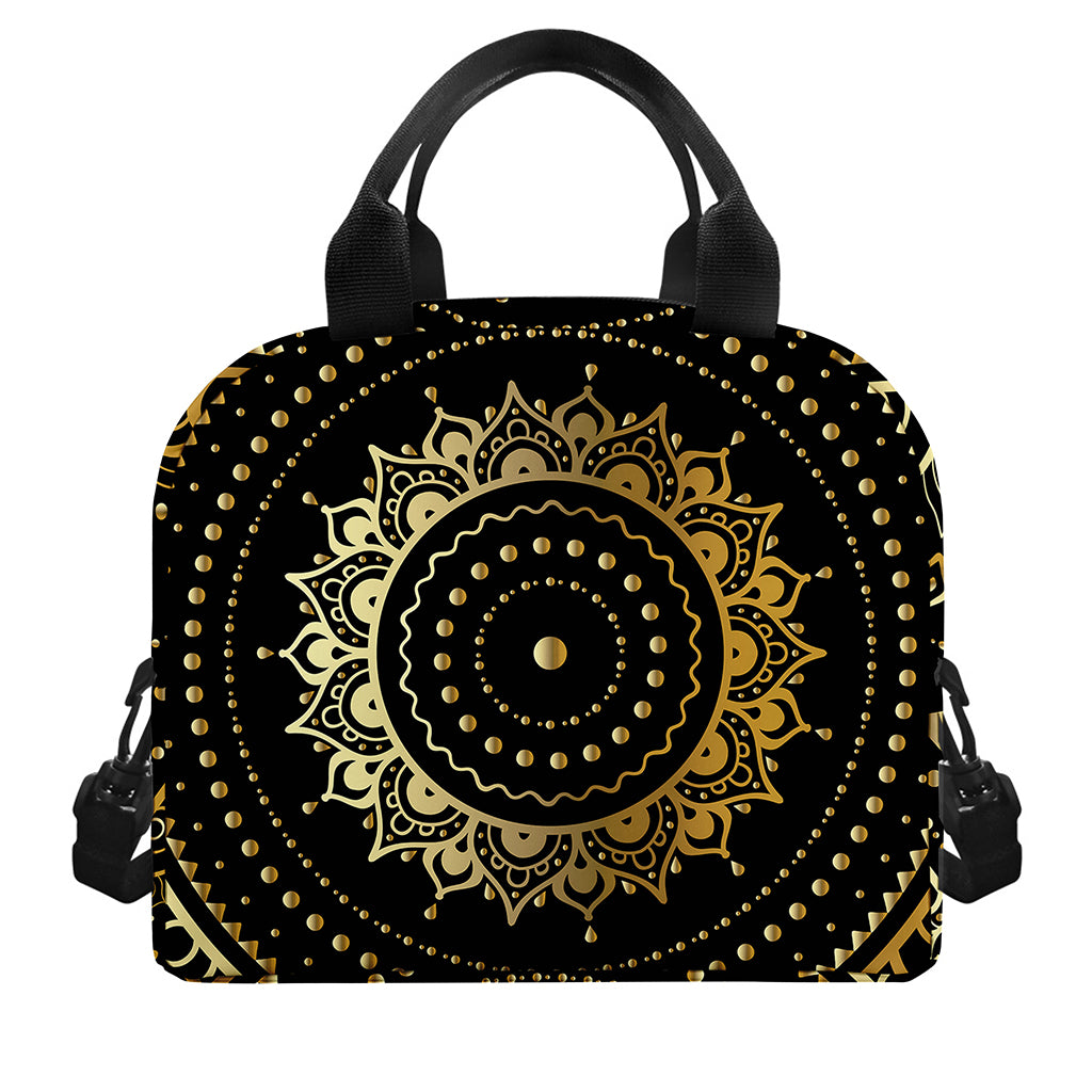 Black And Gold Mandala Print Insulated Lunch Bag