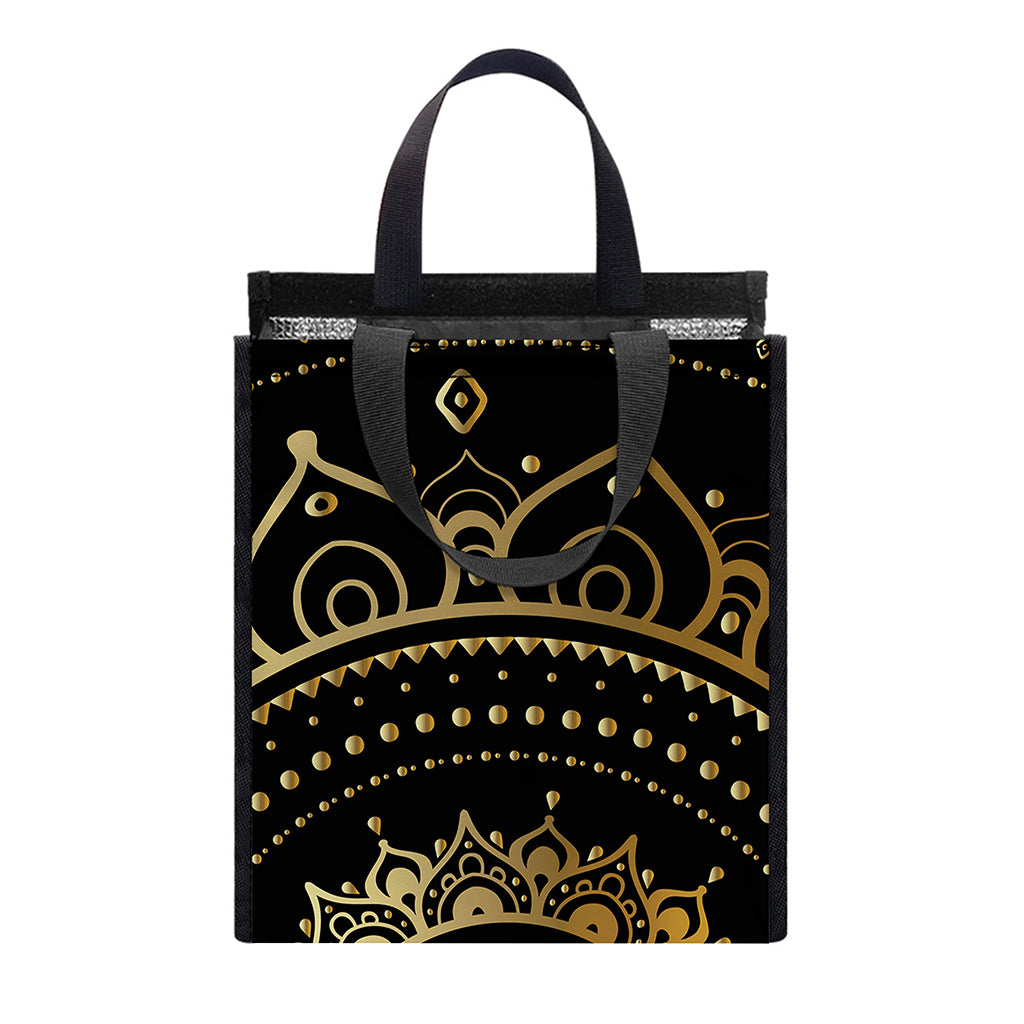 Black And Gold Mandala Print Insulated Lunch Tote