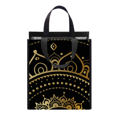Black And Gold Mandala Print Insulated Lunch Tote