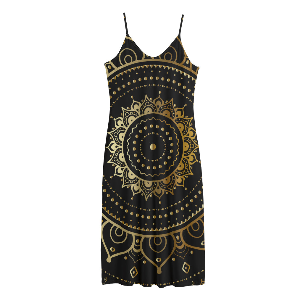 Black And Gold Mandala Print Jersey Midi Cami Dress