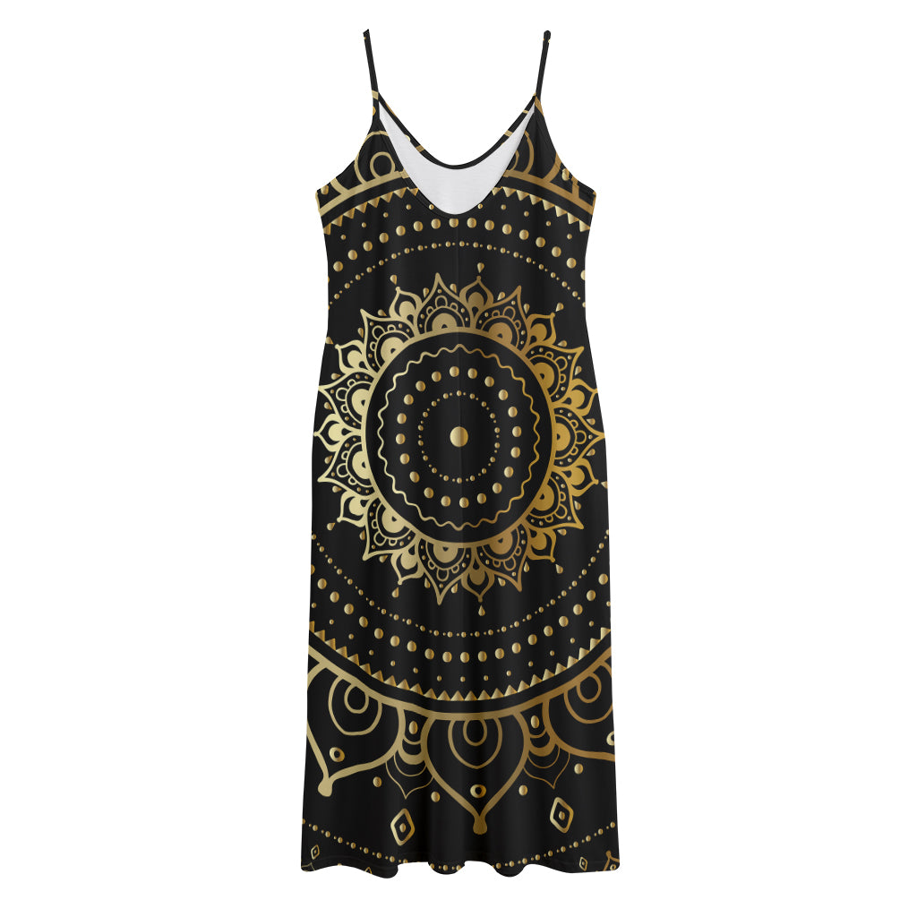 Black And Gold Mandala Print Jersey Midi Cami Dress