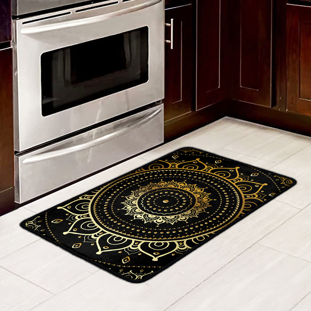 Black And Gold Mandala Print Kitchen Mat