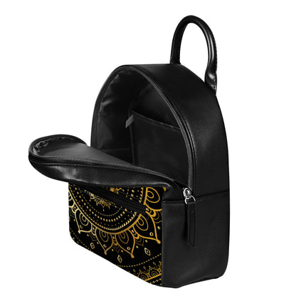 Black And Gold Mandala Print Leather Backpack
