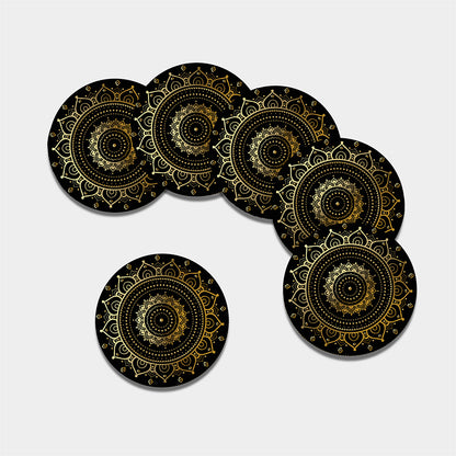 Black And Gold Mandala Print Leather Coaster Set