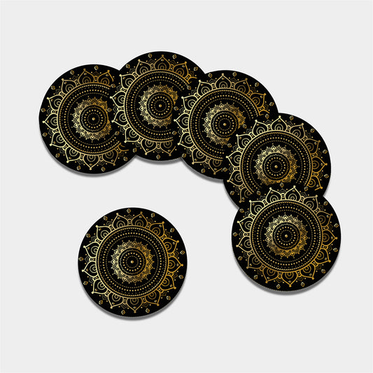 Black And Gold Mandala Print Leather Coaster Set