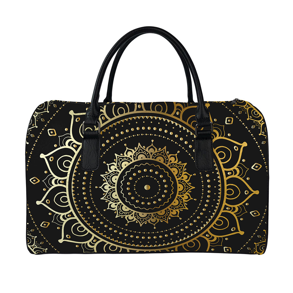 Black And Gold Mandala Print Leather Duffle Bag